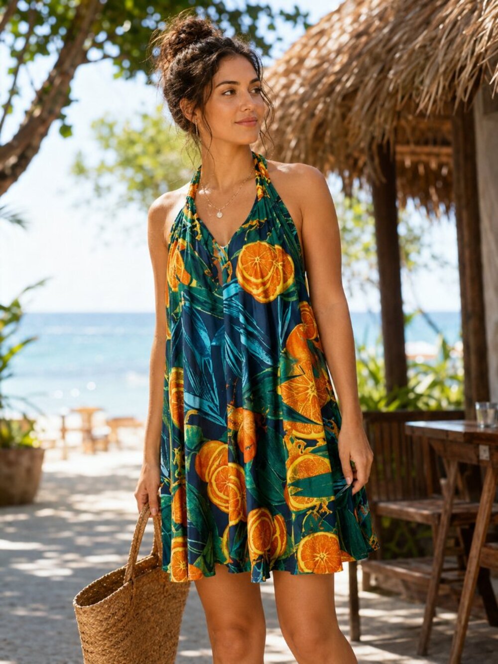 Lez a Lez Tropical Citrus Halter Sundress Open Back Flowy Size M